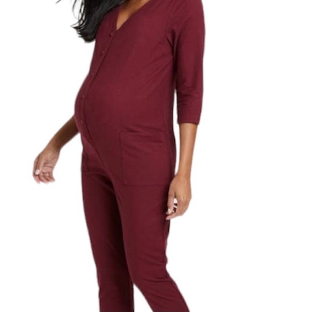 The Nines by Hatch Button Front Maternity Jumpsuit in Wine Red